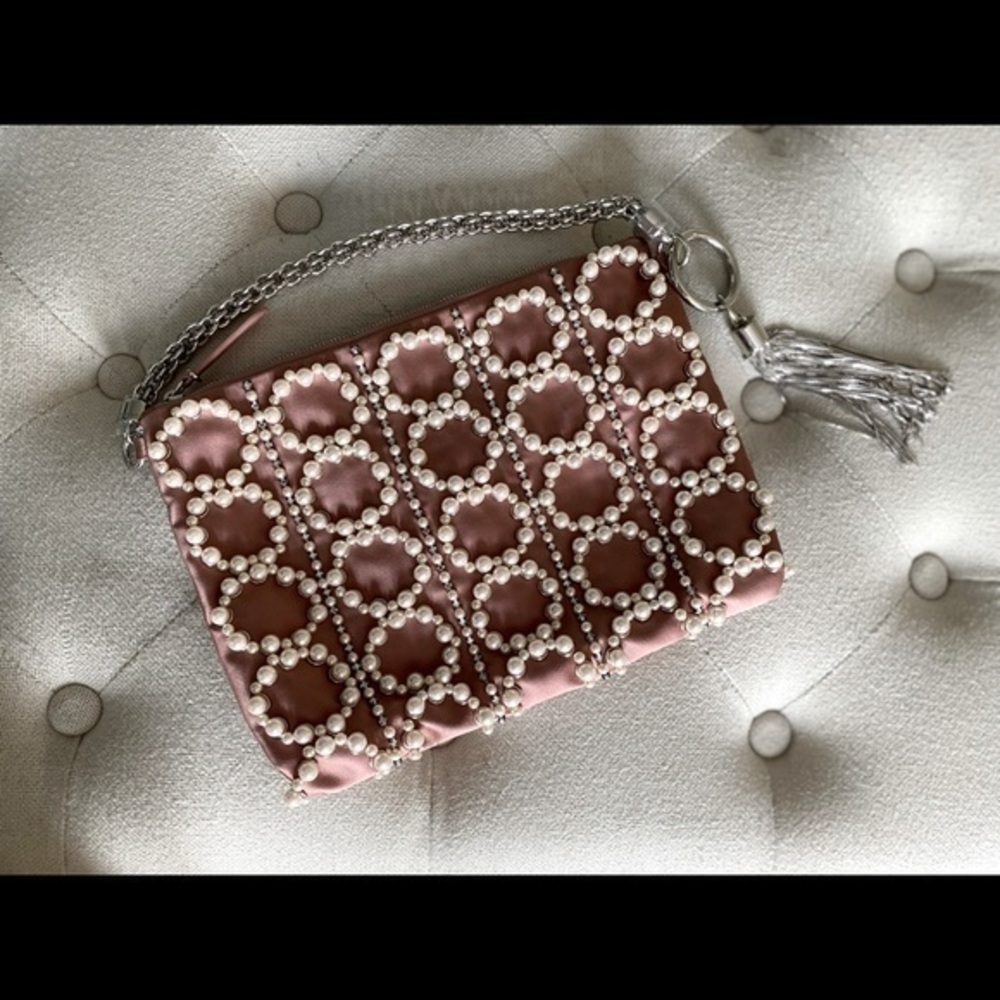 JIMMY CHOO Callie Blush Satin Clutch with Circle Pearl Embroidery Embellishments - Picture 3 of 16